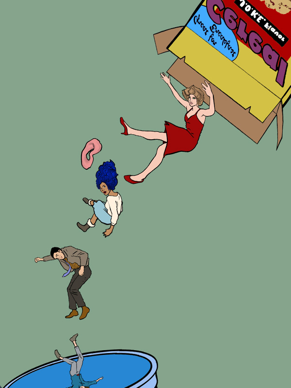 People falling out of cereal box